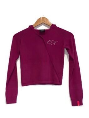 Calvin Klein Jeans V-Neck Knit Hoodie Sweater Magenta Size Medium Vintage